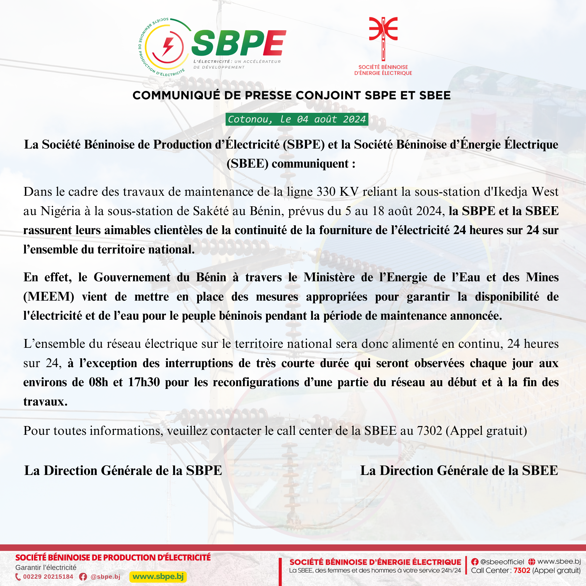 COMMUNIQUE DE PRESSE CONJOINT SBPE ET SBEE